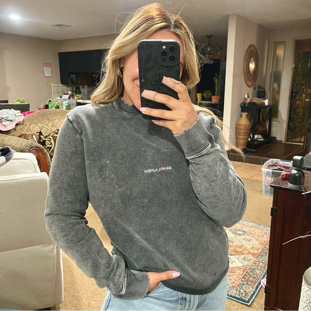 Saint Laurent | Charcoal Washed Out Cotton Frayed Sweatshirt Size: Small